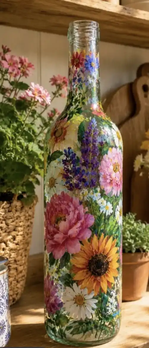 Decorative glass bottle covered in vibrant floral decoupage, displayed among potted flowers indoors.